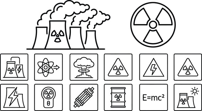 Nuclear Energy and Radiation Icon Set Featuring Power Plants Atom Symbols Hazard Warnings and Scientific Physics Formula Graphics