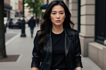 Obraz premium Young Asian woman in black leather jacket and shirt walks on city sidewalk. She has long dark hair and serious expression, looking directly at viewer.
