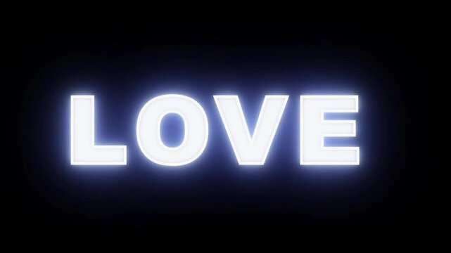 Glowing White Neon LOVE Text Animation on Black Background, Pulsing Romantic Motion Graphic for Valentine's Day and Wedding Projects