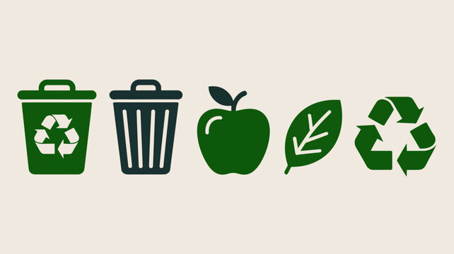 Recycling and waste management icons including trash can apple leaf and recycle symbol dark green