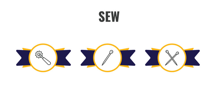 sew outline icon set. thin line overstitch, pin sew, pins icons. editable vector