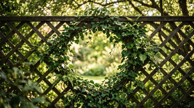 Ivy growing on wooden garden trellis with circular opening. Decorative climbing plant on lattice wall in park. Nature garden background for landscape design or outdoor decoration concept.