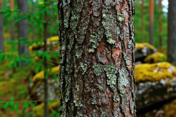 Fototapeta premium Close up view of pine tree bark covered with lichen and moss. Forest background with green needles and yellow mossy rocks. Natural ecosystem detail.