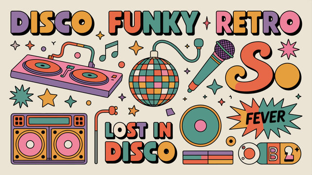 retro disco themed illustration with turntable disco ball microphone and 1970s elements