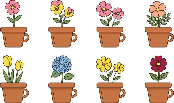 Cute Flowering Plant in Mug Vector Set with Tulips, Hydrangea, Pansies, and Mixed Blooms for Digital Illustrations, Stickers, and Editable Graphics