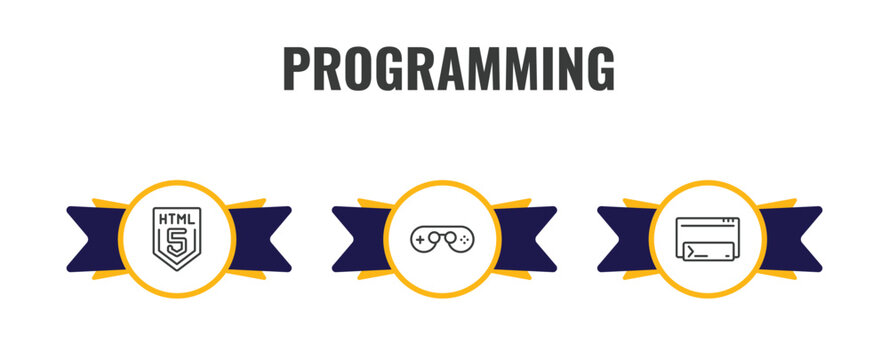 programming outline icon set. thin line html5, console, code terminal icons. editable vector