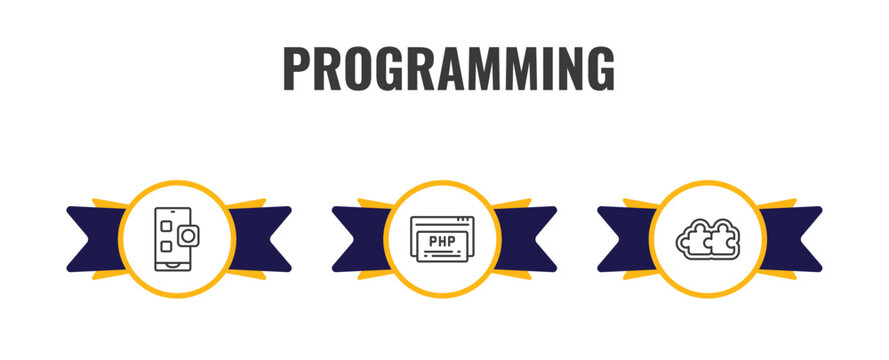 programming outline icon set. thin line app, php, addon icons. editable vector