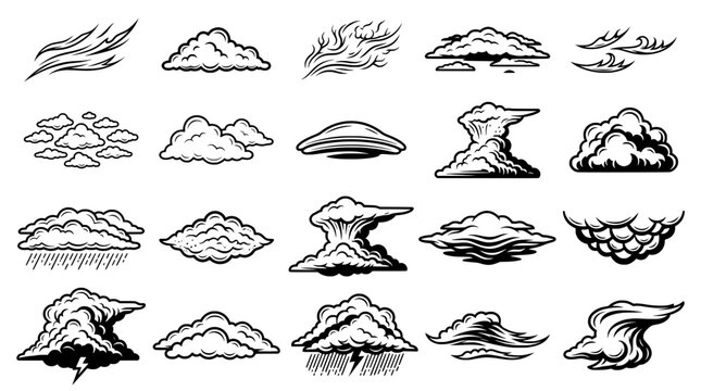 Clouds weather icons set with swirling ink strokes, outlined vector style for forecasts, sky themes and background graphics