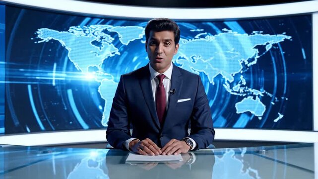 Indian Male News Anchor Presenting in Modern Studio