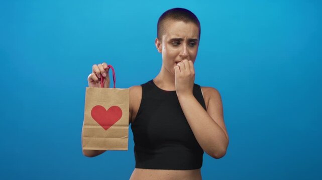 Woman with short hair in black crop top holds a paper gift bag with a red heart and bites her fingers while looking uneasy in studio; anxiety doubt love.