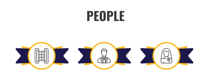 people outline icon set. thin line matrix, man with company, pacient icons. editable vector