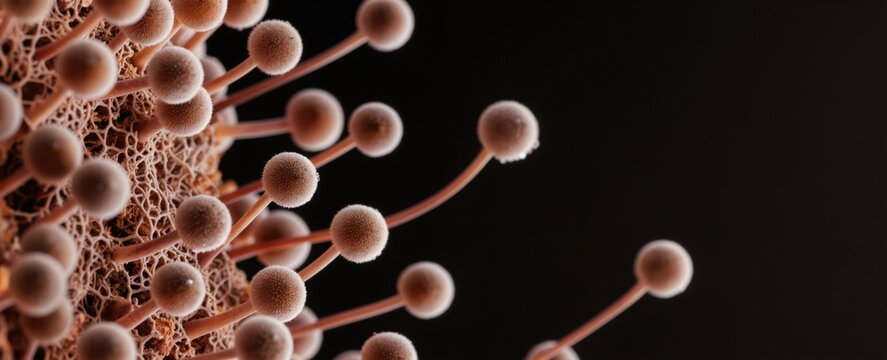Macro photo shows fungal spores and hyphae structures. Microscopic view of mycelium growth pattern. Organic forms of nature science and biology detail.