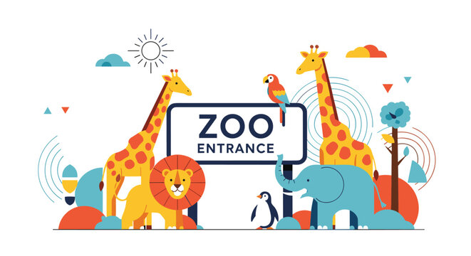 Brightly colored zoo entrance featuring various animal illustrations like a lion, giraffe, elephant, penguin, and a parrot.