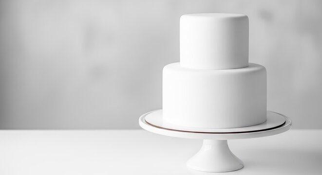 Elegant minimalist two-tier white cake resting on a sleek matching stand against a soft out-of-focus background for wedding design mockups, sophisticated, ivory, mockup