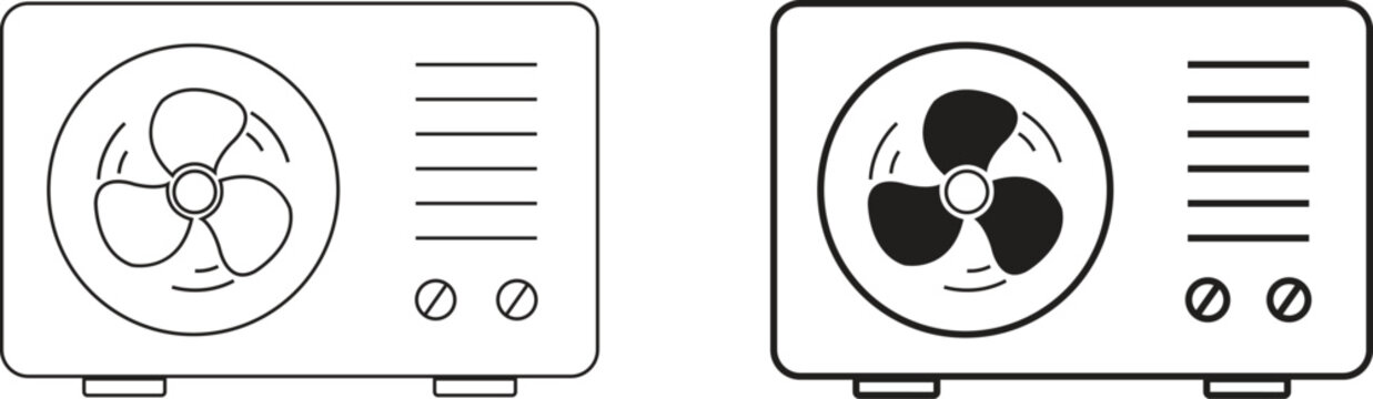 Air conditioning vector set collection with AC unit cooler fan ventilation icons, climate control cooling heating appliance symbol isolated outline silhouette design isolated on transparent background