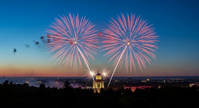 Fireworks exploding over a lit building at dusk with a cityscape