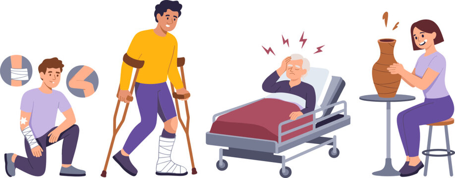 Injured and Sick People Medical Character Set Featuring Broken Leg on Crutches Bandaged Arm Bedridden Patient and Art Therapy for Patient Rehabilitation Designs