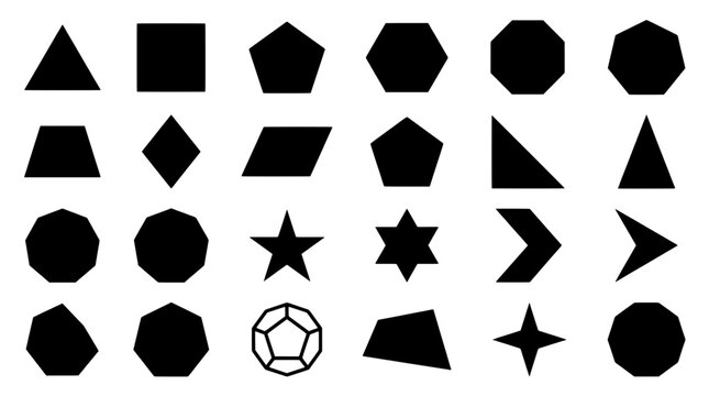 Geometric shapes set with black filled triangles squares hexagons stars arrows and a thin octagon icon on white background