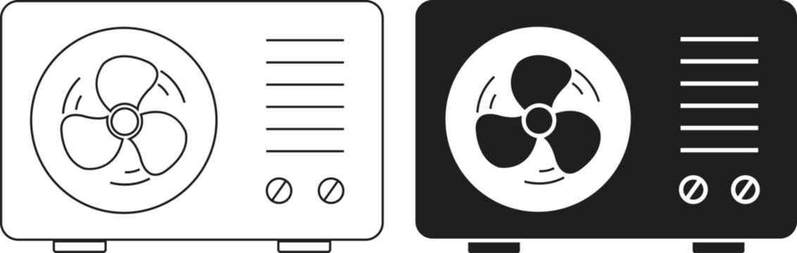 Air conditioning vector set collection with AC unit cooler fan ventilation icons, climate control cooling heating appliance symbol isolated outline silhouette design isolated on transparent background