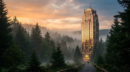 Fototapeta premium Modern Skyscraper in Misty Forest at Sunrise Golden Hour