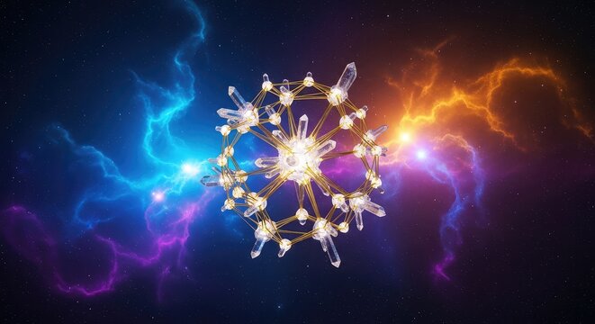 Estructura de red neuronal futurista con cristales de cuarzo y filamentos de oro brillante flotando en el cosmos entre nubes de nebulosa, energy, connectivity, science fiction
