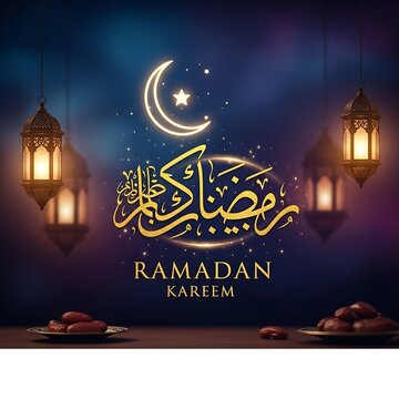 Ramadan Kareem! Glowing crescent moon, lanterns, dates, and Arabic calligraphy