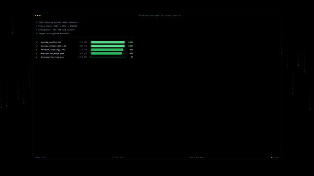 Data compilation process animation showing progress bars loading on a dark computer terminal screen interface