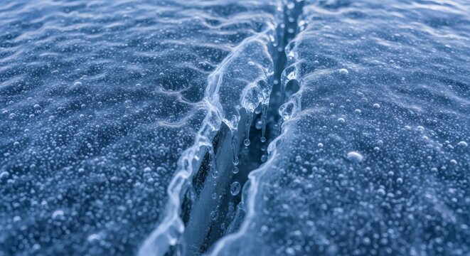 A close-up view of icy water with a crack in the frozen surface