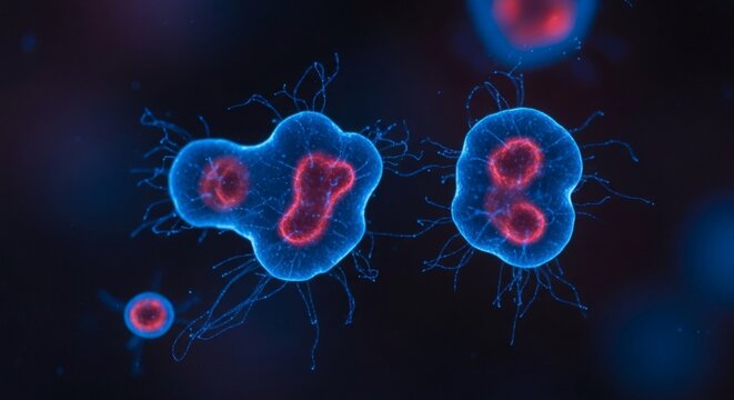 A microscopic view of cells with red nuclei and blue membranes on a dark background