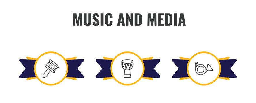 music and media outline icon set. thin line cabasa, djembe, french horn icons. editable vector