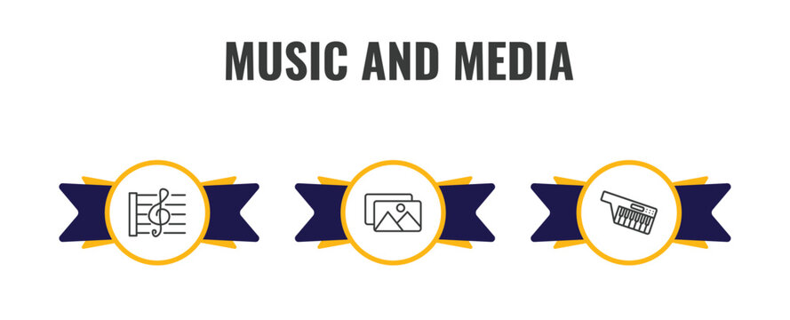 music and media outline icon set. thin line stave, album, keytar icons. editable vector