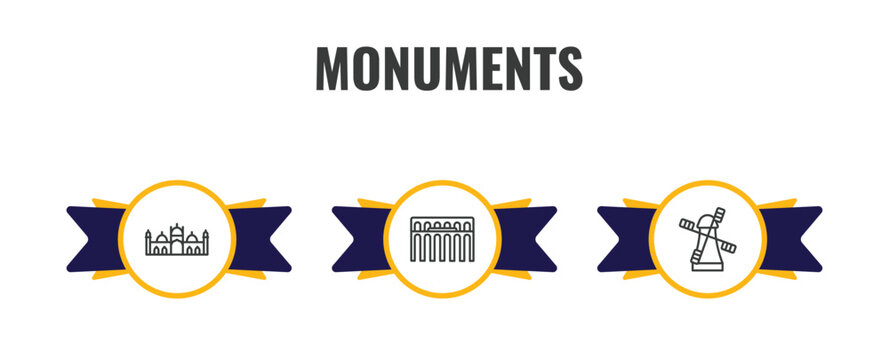monuments outline icon set. thin line badshahi mosque, segovia aqueduct, kinderdijk windmills icons. editable vector