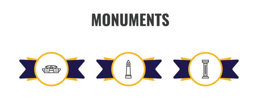 monuments outline icon set. thin line dpr/mpr building, clock tower, greek column icons. editable vector