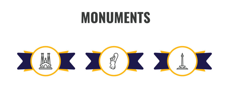 monuments outline icon set. thin line spain, easter island, national monument monas icons. editable vector