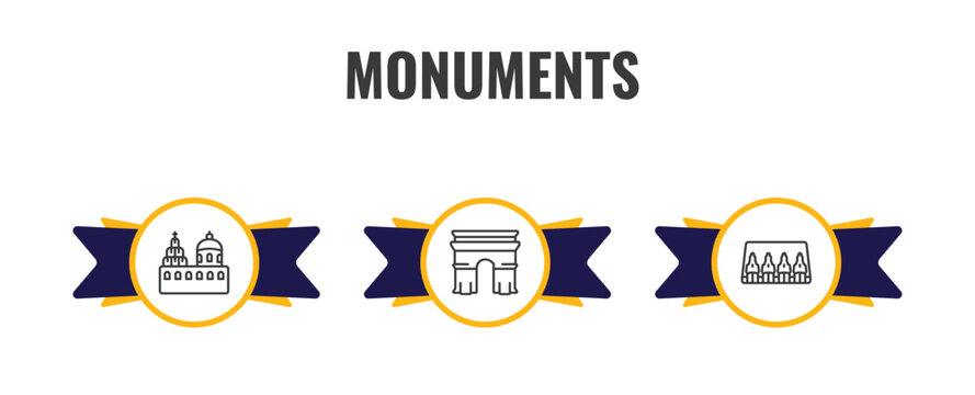 monuments outline icon set. thin line blue domed churches, arc of triomphe, abu simbel icons. editable vector