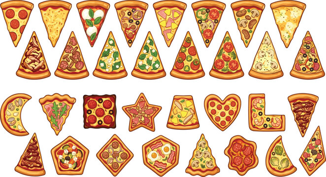 Pizza slices collection with various toppings and unique geometric shapes including star heart and square crusts with pepperoni mushrooms vegetables and melted cheese.