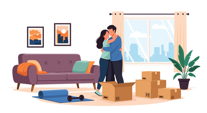 Happy couple sharing a warm embrace in their new living room surrounded by cardboard boxes during the process of moving home.
