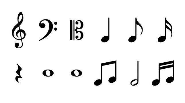 Musical notes and symbols set with black treble clef and quarter notes featuring music notation, sheet music, music theory with music production and