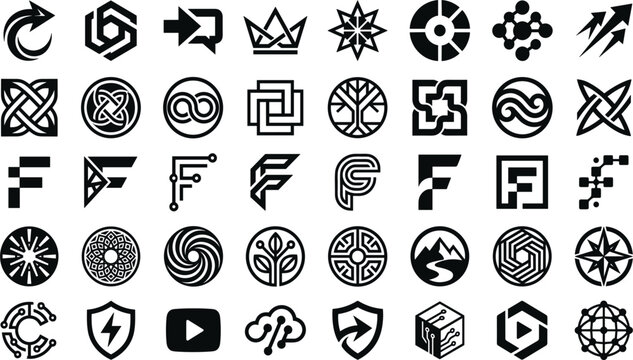 Collection of abstract geometric logos and symbols, modern minimalist designs featuring squares circles lines and abstract shapes for technology and business branding.