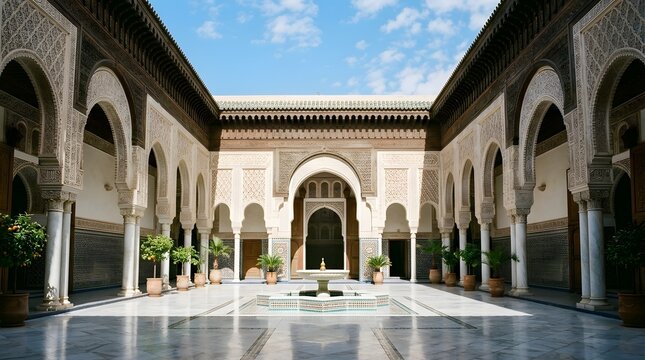 Traditional Arab Courtyard Architecture with Fountain and Patio