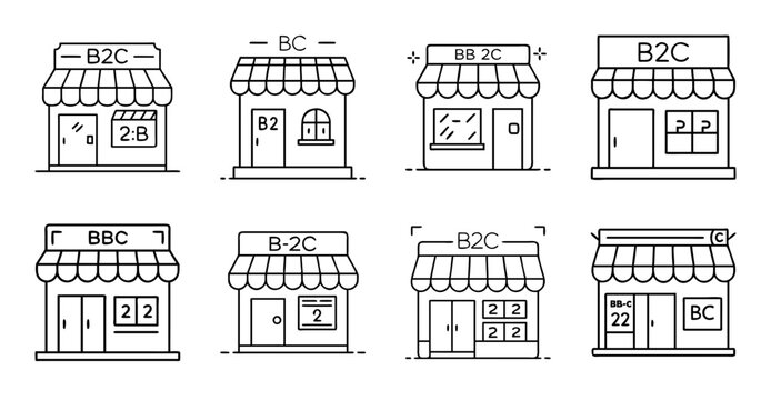 Set of small shop buildings with storefronts - Illustrated collection of minimalist storefronts with signage and window displays in a clean, organized layout.