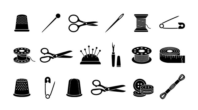 Sewing tools set with pins, scissors, thread, thimble, and measuring tape featuring crafting, needle, embroidery with quilting and fabric elements