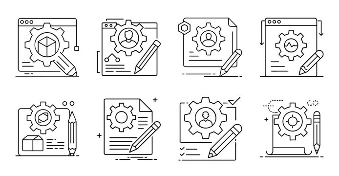 Creative brainstorming and planning illustration set - Colorful vector icons showing brainstorming, planning, and idea development process with lightbulbs, notes, and documents.