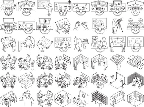 A collection of line art illustrations, depicting various workplace scenarios and settings, offering versatile visuals for conceptual design and thematic projects.