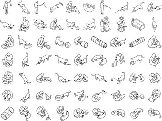 Fototapeta premium An artistic series of drawings, each portraying a unique moment of interaction and companionship between cats and their owners, depicting scenes of play, rest, and affectionate moments.
