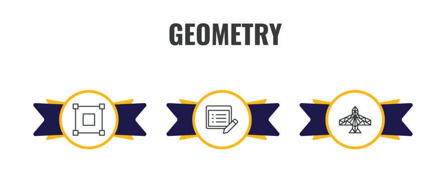 geometry outline icon set. thin line bounding box, properties, polygonal jet aircraft icons. editable vector