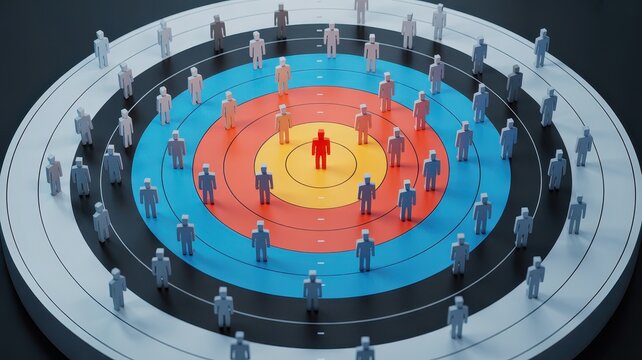 Group of people standing in concentric circles representing target market and social media audience tiers