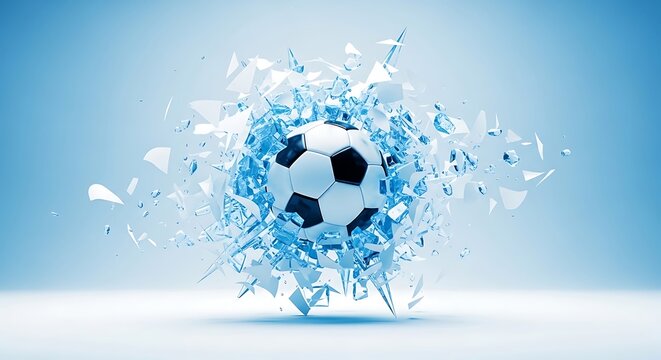 Soccer ball shattering through blue icy glass environment.