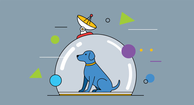 Blue space dog with a yellow collar sits inside a transparent dome base with a satellite antenna on top amidst cosmic shapes.