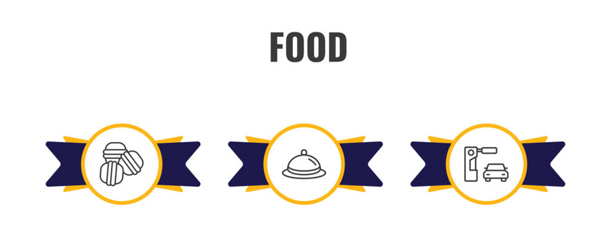 food outline icon set. thin line arons, covered food tray, drive through icons. editable vector